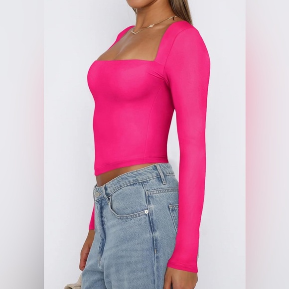 REORIA Women's Sexy Square Neck Long Sleeve Y2K Going Out T Shirt Crop Top - Picture 2 of 8